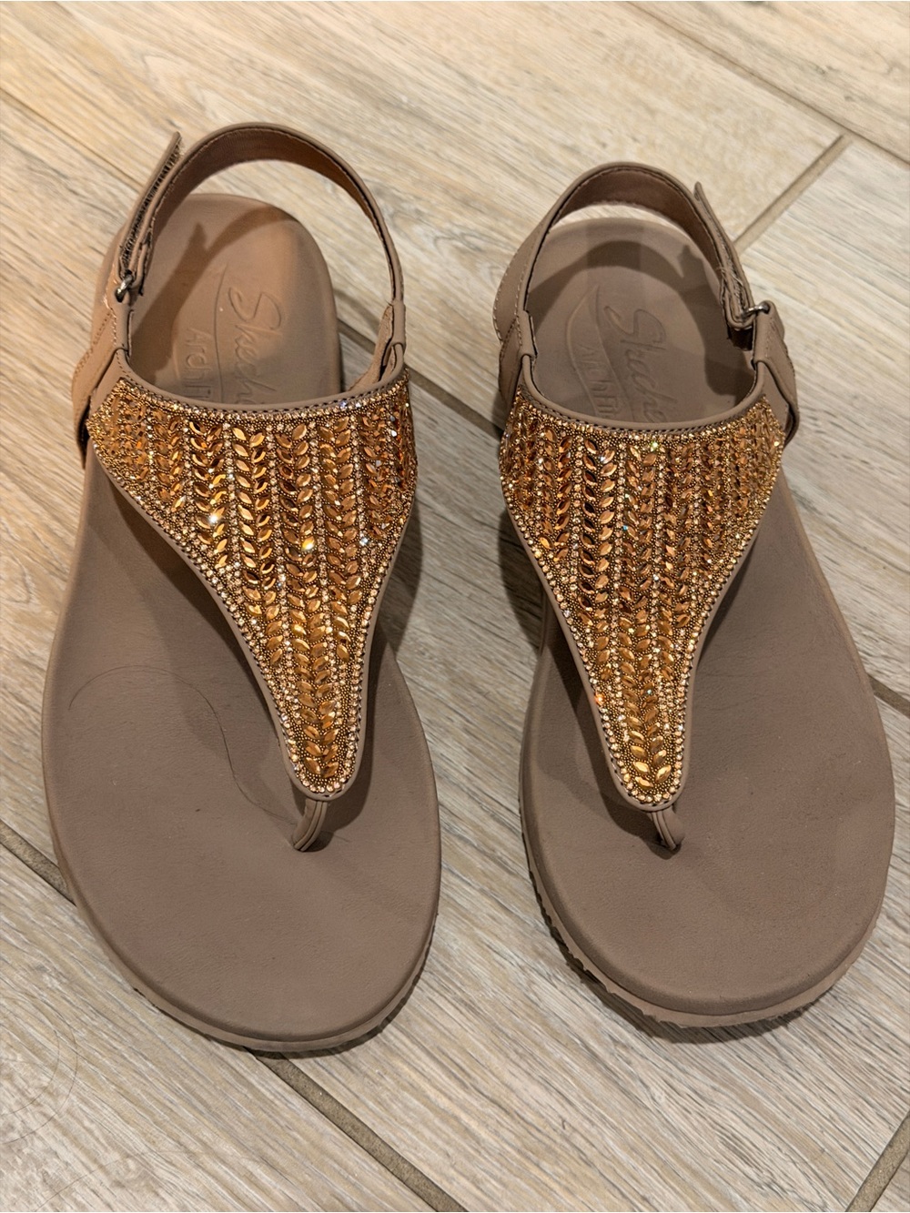 Skechers Women’s Tan Sandals with Gold Beaded T-Strap